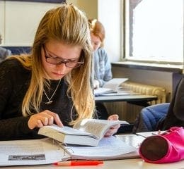 Studenten studeren in een klaslokaal bij Luzac.