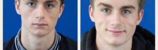 Twee portretfoto's van dezelfde jongeman, voor en na een transformatie.