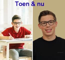 Twee foto's van een jongen met bril, links schrijvend en rechts lachend.