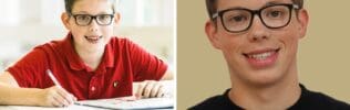 Twee foto's van een jongen met bril, links schrijvend en rechts lachend.