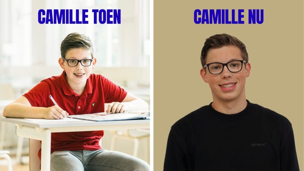 Twee foto's van Camille, links als brugklasser, rechts als vwo-6-leerling.